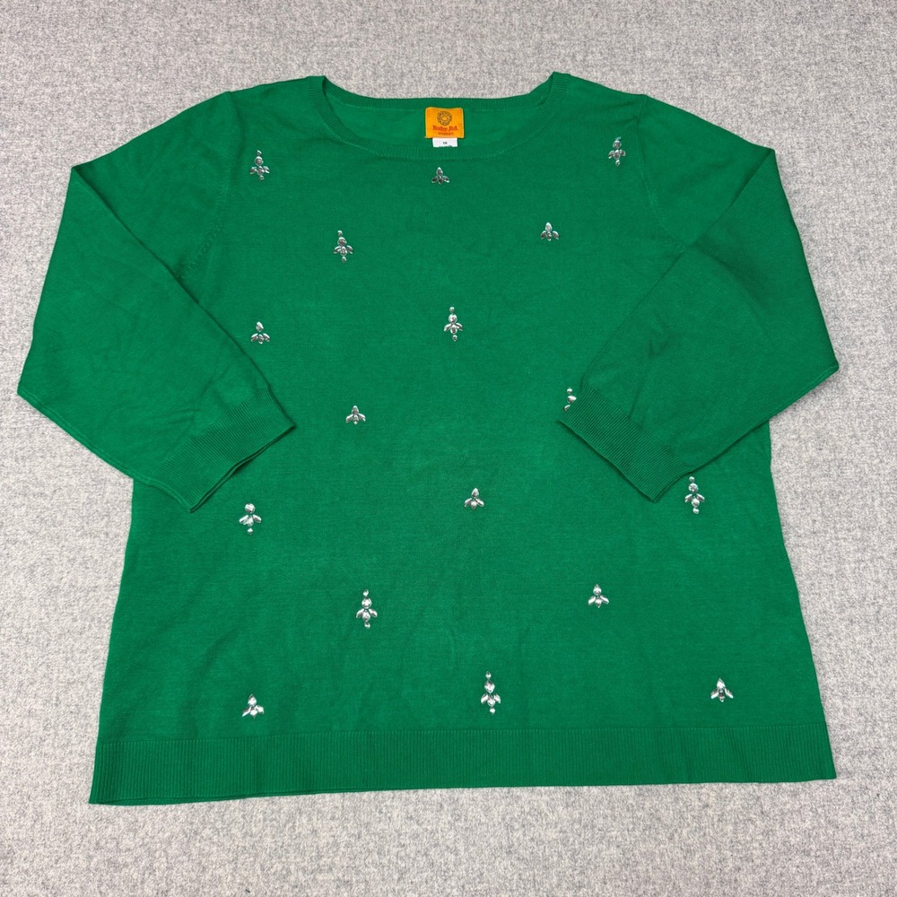 Ruby Rd | Sweater | 1X | Green | Rhinestone Embellished 3/4 Sleeve Knit Top 1009